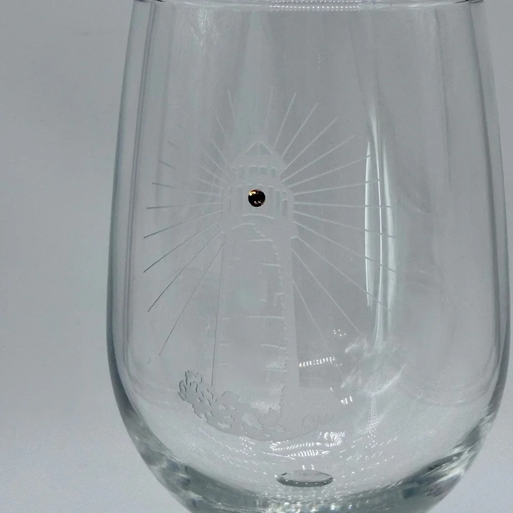 Etched Lighthouse Wine Glass with Rhinestone‎ Detail Coastal Nautical Stemware